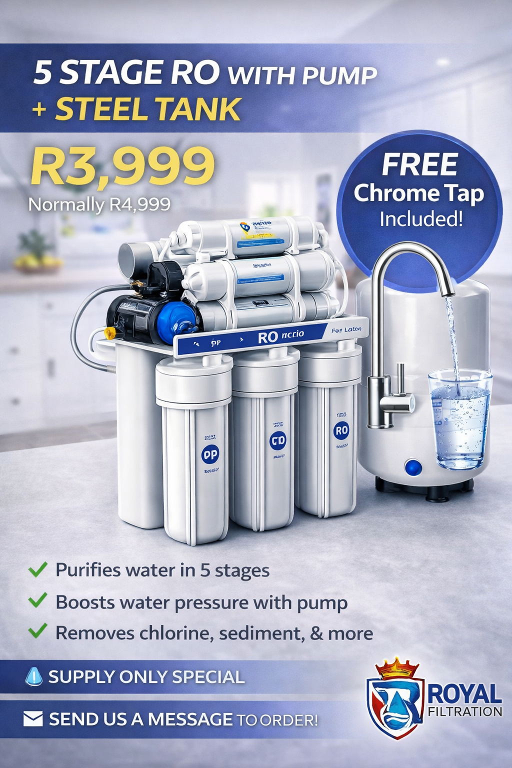 👑 5 Stage RO Water Filtration System with Booster Pump & Steel Storage Tank