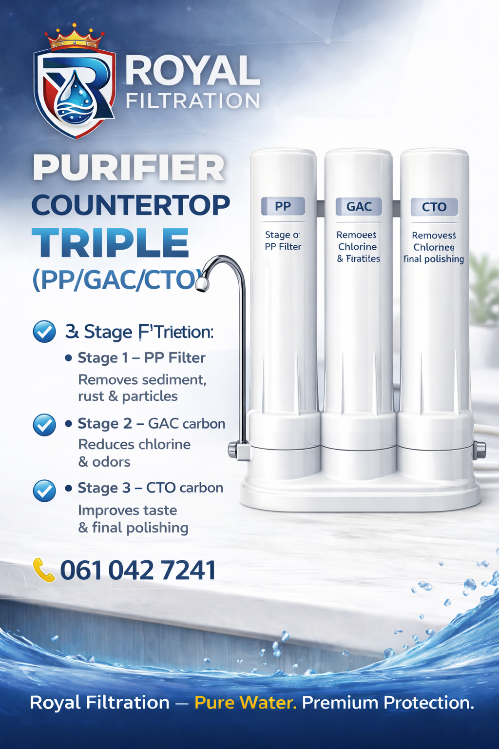 Purifier CounterTop Triple (PP/GAC/CTO) – 3 Stage Drinking Water Filter